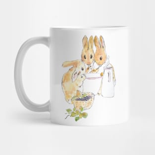 3 cute rabbits drinking soup Peter Rabbit Mug